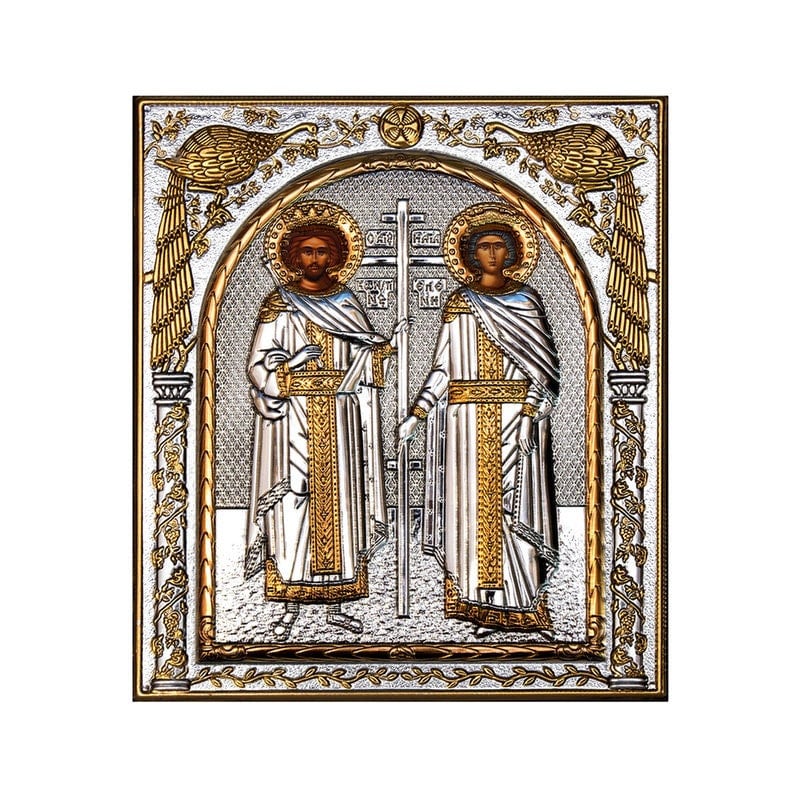 Saint Constantine icon & Saint Helen icon , Handmade Silver 999 Greek Orthodox icon, Byzantine art wall hanging on wood religious plaque