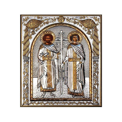 Saint Constantine icon & Saint Helen icon , Handmade Silver 999 Greek Orthodox icon, Byzantine art wall hanging on wood religious plaque - TheHolyArt