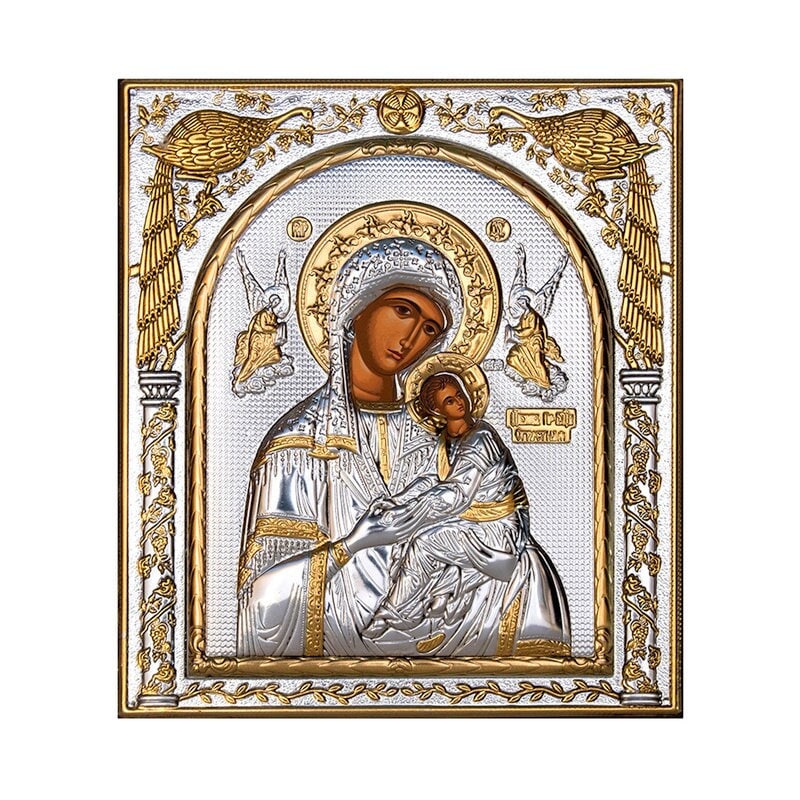 Virgin Mary icon Panagia Queen of Angels, Handmade Silver 999 Greek Orthodox icon, Byzantine art wall hanging on wood plaque religious icon