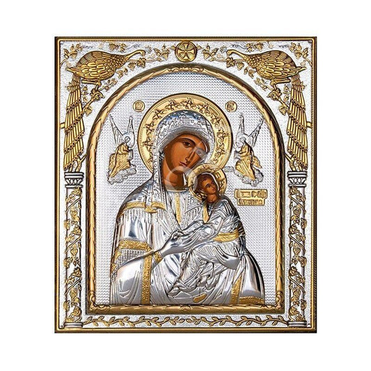 Virgin Mary icon Panagia Queen of Angels, Handmade Silver 999 Greek Orthodox icon, Byzantine art wall hanging on wood plaque religious icon