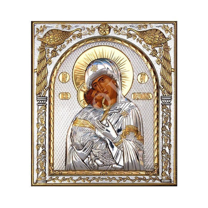 Virgin Mary icon Panagia of Vladimir, Handmade Silver 999 Greek Orthodox icon, Byzantine art wall hanging on wood plaque religious icon - TheHolyArt