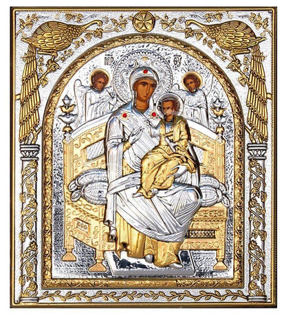 Virgin Mary icon Panagia Pantanassa, Handmade Silver 999 Greek Orthodox icon, Byzantine art wall hanging on wood plaque religious icon - TheHolyArt
