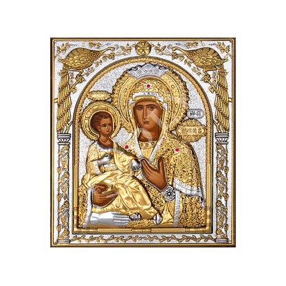 Virgin Mary icon Panagia Tricherousa, Handmade Silver 999 Greek Orthodox icon, Byzantine art wall hanging on wood plaque religious icon gift - TheHolyArt