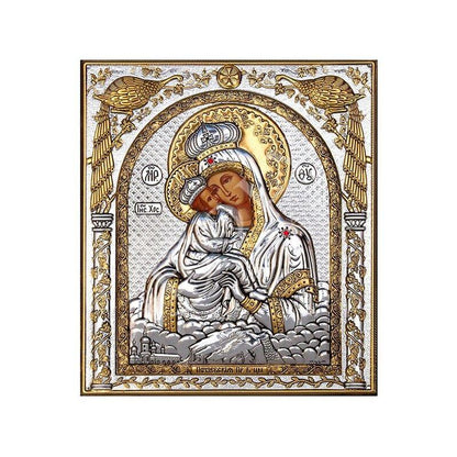 Virgin Mary icon Panagia of Potsaef, Handmade Silver 999 Greek Orthodox icon, Byzantine art wall hanging on wood plaque religious icon gift - TheHolyArt