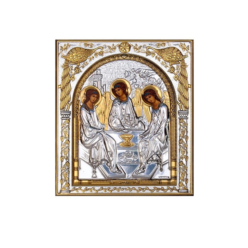 Abraham's Hospitality Rublev, Holy Trinity Handmade Silver 999 Greek Orthodox icon, Byzantine art wall hanging on wood plaque religious icon