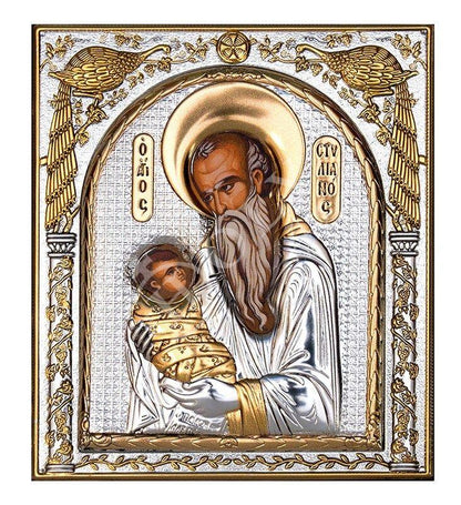 Saint Stylianos icon , Handmade Silver 999 Greek Orthodox icon of St Stylianos, Byzantine art wall hanging on wood religious plaque gift - TheHolyArt