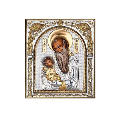 Saint Stylianos icon , Handmade Silver 999 Greek Orthodox icon of St Stylianos, Byzantine art wall hanging on wood religious plaque gift - TheHolyArt