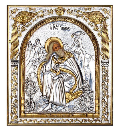 Saint Elijah icon , Handmade Silver 999 Greek Orthodox icon of St Elias Apocalypse, Byzantine art wall hanging on wood religious plaque gift - TheHolyArt