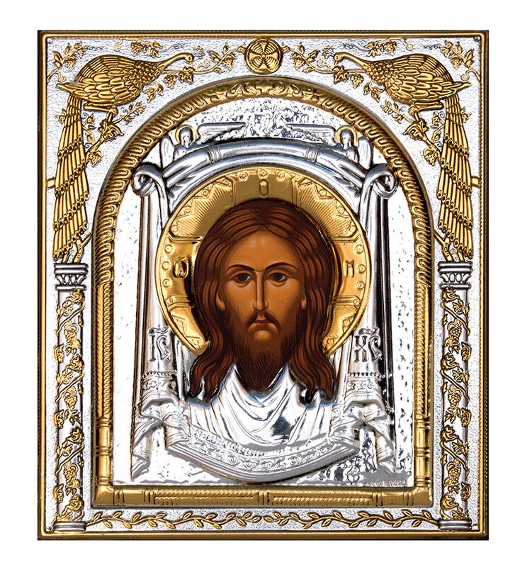 Jesus Christ icon Mandylion, Handmade Silver 999 Greek Orthodox icon, Byzantine art wall hanging on wood plaque religious icon decor gift