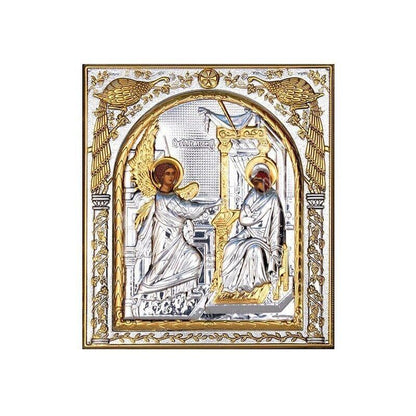 Virgin Mary icon Panagia Annunciation, Handmade Silver 999 Greek Orthodox icon, Byzantine art wall hanging on wood plaque religious icon - TheHolyArt