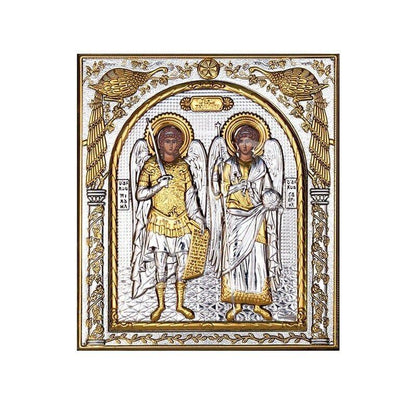 Archangel Michael & Archangel Gabriel icon , Handmade Silver 999 Greek Orthodox icon, Byzantine art wall hanging on wood religious plaque (1) - TheHolyArt