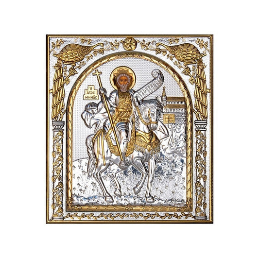 Saint Menas icon , Handmade Silver 999 Greek Orthodox icon of St Menas, Byzantine art wall hanging on wood religious plaque gift
