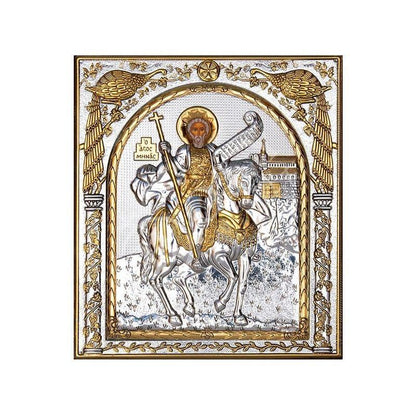Saint Menas icon , Handmade Silver 999 Greek Orthodox icon of St Menas, Byzantine art wall hanging on wood religious plaque gift - TheHolyArt
