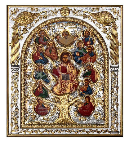 Jesus Christ icon with Apostles , Handmade Silver 999 Greek Orthodox icon of Ampelos True Vine, Byzantine art wall hanging religious plaque - TheHolyArt