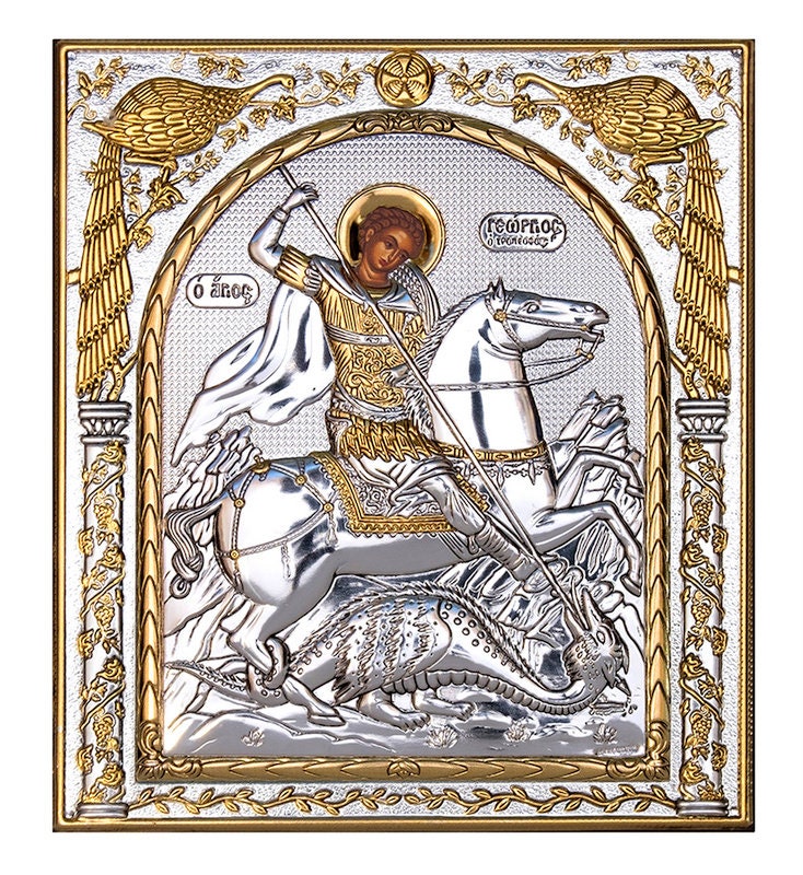 Saint George icon , Handmade Silver 999 Greek Orthodox icon of St George, Byzantine art wall hanging on wood religious plaque gift