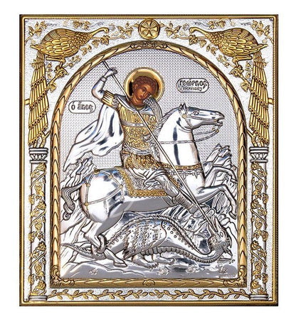 Saint George icon , Handmade Silver 999 Greek Orthodox icon of St George, Byzantine art wall hanging on wood religious plaque gift - TheHolyArt