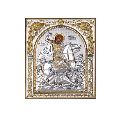 Saint George icon , Handmade Silver 999 Greek Orthodox icon of St George, Byzantine art wall hanging on wood religious plaque gift - TheHolyArt
