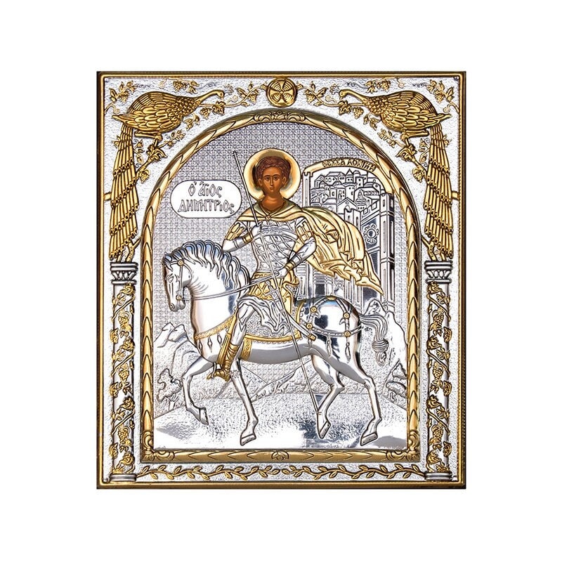 Saint Demetrius icon , Handmade Silver 999 Greek Orthodox icon of St Demetrios, Byzantine art wall hanging on wood religious plaque gift