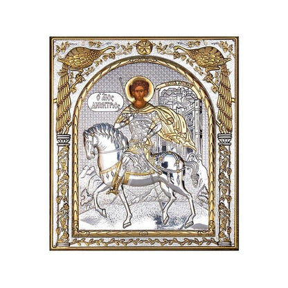 Saint Demetrius icon , Handmade Silver 999 Greek Orthodox icon of St Demetrios, Byzantine art wall hanging on wood religious plaque gift - TheHolyArt