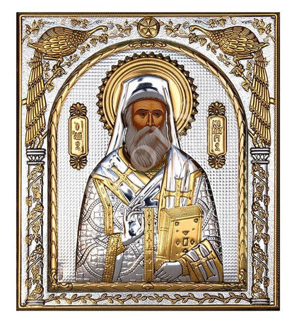 Saint Nectarios icon of Aegina, Handmade Silver 999 Greek Orthodox icon of St Nectarios, Byzantine art wall hanging on wood religious plaque - TheHolyArt