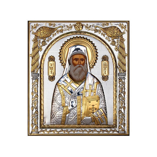 Saint Nectarios icon of Aegina, Handmade Silver 999 Greek Orthodox icon of St Nectarios, Byzantine art wall hanging on wood religious plaque