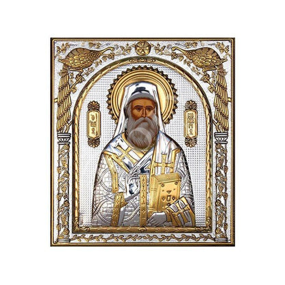 Saint Nectarios icon of Aegina, Handmade Silver 999 Greek Orthodox icon of St Nectarios, Byzantine art wall hanging on wood religious plaque - TheHolyArt