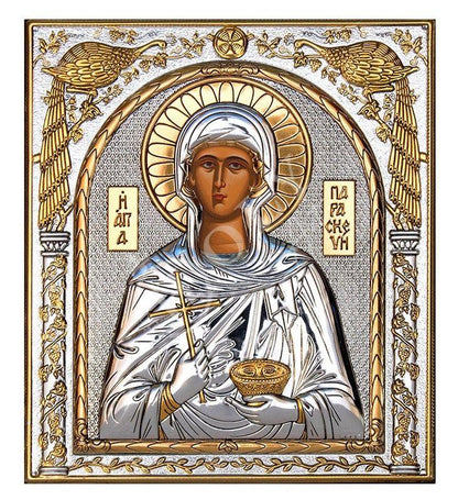 Saint Paraskevi icon, Handmade Silver 999 Greek Orthodox icon of St Paraskevi of Rome, Byzantine art wall hanging on wood religious plaque - TheHolyArt