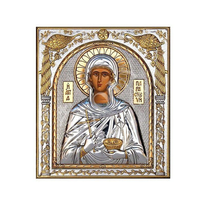 Saint Paraskevi icon, Handmade Silver 999 Greek Orthodox icon of St Paraskevi of Rome, Byzantine art wall hanging on wood religious plaque - TheHolyArt