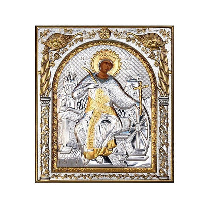 Saint Catherine icon of Sina, Handmade Silver 999 Greek Orthodox icon of St Katherine, Byzantine art wall hanging on wood religious plaque - TheHolyArt