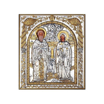 Saint Cyprian & Justina icon, Handmade Silver 999 Greek Orthodox icon of St Cyprian Justina, Byzantine art wall hanging religious plaque - TheHolyArt