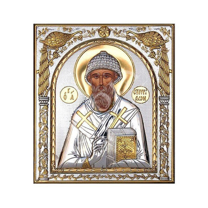 Saint Spyridon icon, Handmade Silver 999 Greek Orthodox icon of St Spyridon Trimythous, Byzantine art wall hanging on wood religious plaque - TheHolyArt