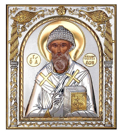 Saint Spyridon icon, Handmade Silver 999 Greek Orthodox icon of St Spyridon Trimythous, Byzantine art wall hanging on wood religious plaque - TheHolyArt