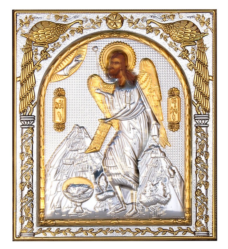 Saint John icon, Handmade Silver 999 Greek Orthodox icon of St John Baptist Forerunner, Byzantine art wall hanging on wood religious plaque