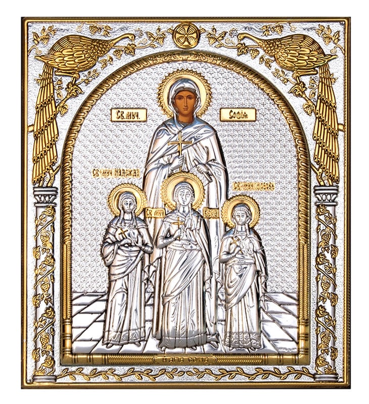 Saint Sophia icon, Handmade Silver 999 Greek Orthodox icon of St Sofia of Rome, Byzantine art wall hanging on wood religious plaque gift