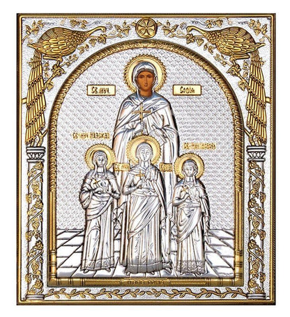 Saint Sophia icon, Handmade Silver 999 Greek Orthodox icon of St Sofia of Rome, Byzantine art wall hanging on wood religious plaque gift - TheHolyArt