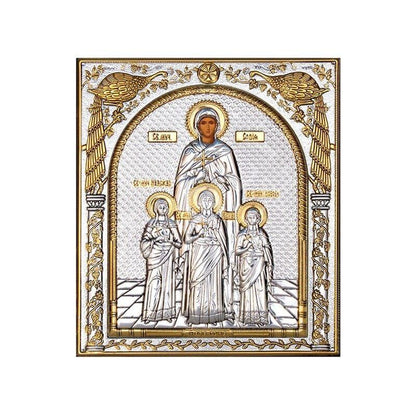 Saint Sophia icon, Handmade Silver 999 Greek Orthodox icon of St Sofia of Rome, Byzantine art wall hanging on wood religious plaque gift - TheHolyArt