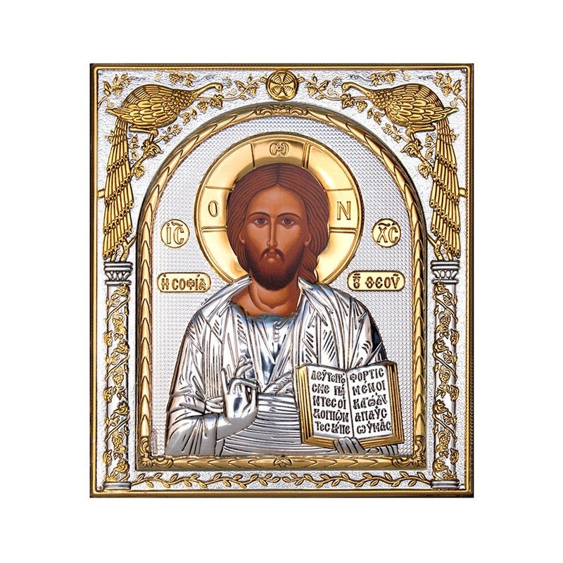 Jesus Christ icon, Handmade Silver 999 Greek Orthodox icon of Our Lord, Byzantine art wall hanging on wood plaque religious icon decor gift