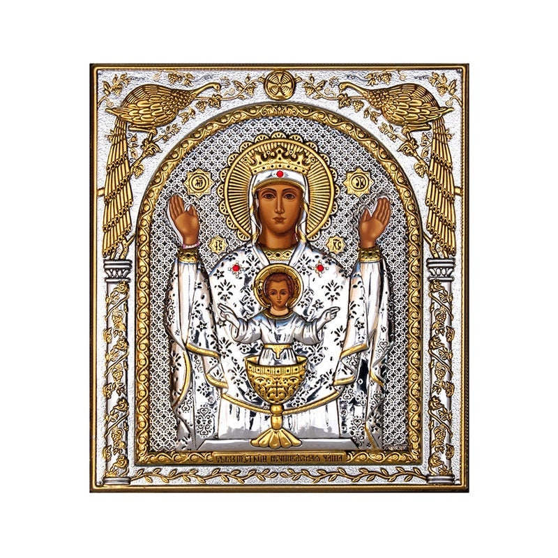 Virgin Mary icon Panagia Platytera, Handmade Silver 999 Greek Orthodox icon, Byzantine art wall hanging on wood plaque religious icon gift