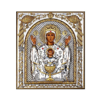 Virgin Mary icon Panagia Platytera, Handmade Silver 999 Greek Orthodox icon, Byzantine art wall hanging on wood plaque religious icon gift - TheHolyArt