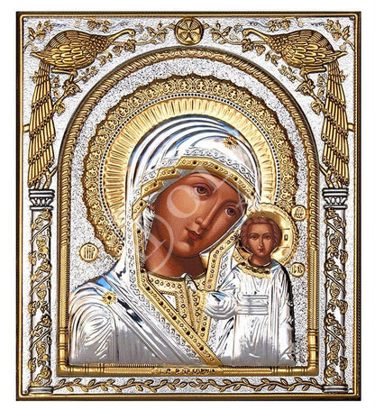Virgin Mary icon Panagia Kazan, Handmade Silver 999 Greek Orthodox icon, Byzantine art wall hanging on wood plaque religious icon gift - TheHolyArt