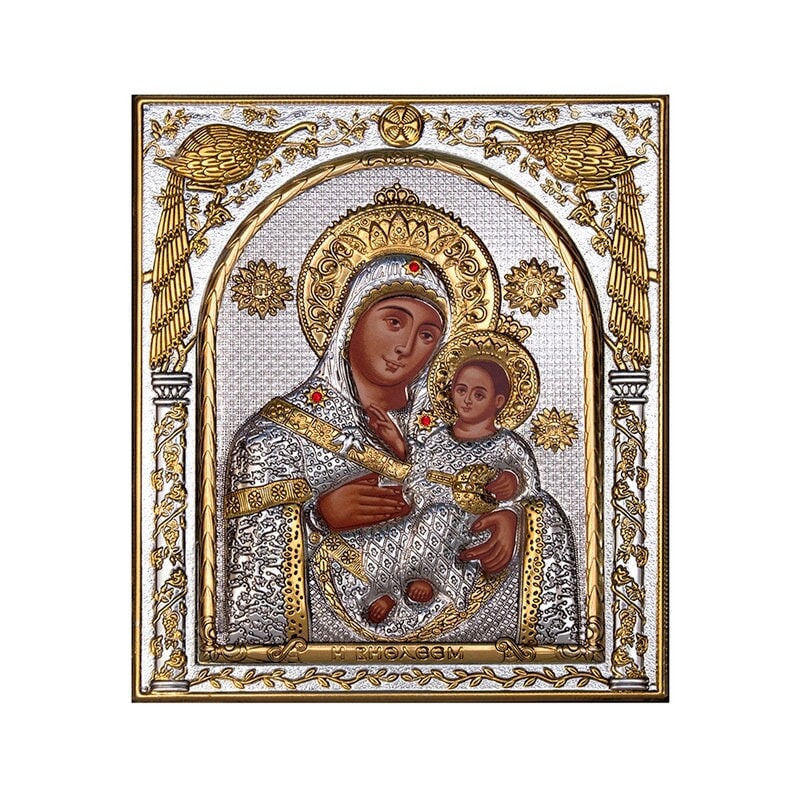 Virgin Mary icon Panagia Bethlehem, Handmade Silver 999 Greek Orthodox icon, Byzantine art wall hanging on wood plaque religious icon gift