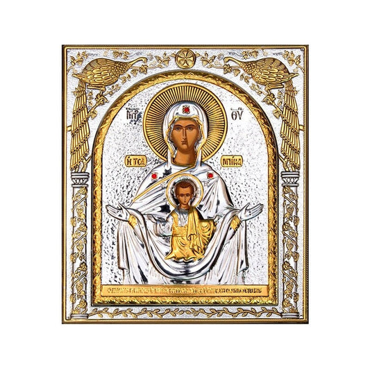 Virgin Mary icon Panagia Tsambika, Handmade Silver 999 Greek Orthodox icon, Byzantine art wall hanging on wood plaque religious icon gift