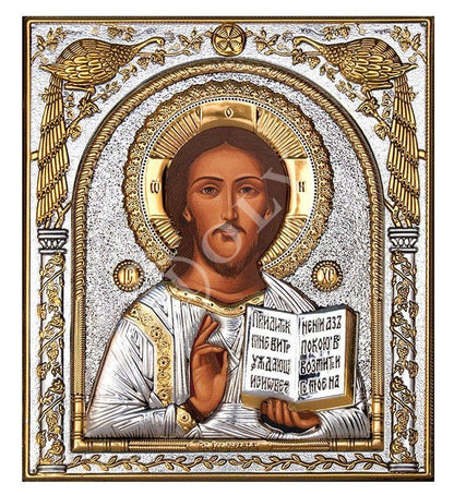 Jesus Christ icon, Handmade Silver 999 Greek Orthodox icon of Our Lord, Byzantine art wall hanging on wood plaque religious icon decor gift (1) - TheHolyArt