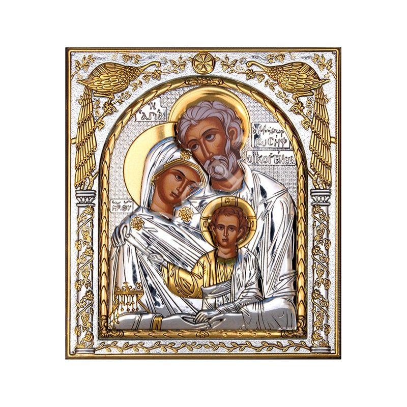 The Holy Family icon, Handmade Silver 999 Greek Orthodox icon, Byzantine art wall hanging on wood plaque icon, religious icon home decor