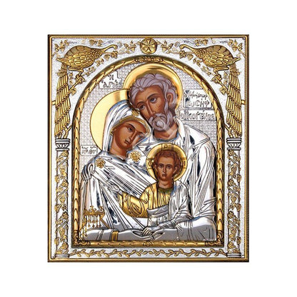 The Holy Family icon, Handmade Silver 999 Greek Orthodox icon, Byzantine art wall hanging on wood plaque icon, religious icon home decor - TheHolyArt