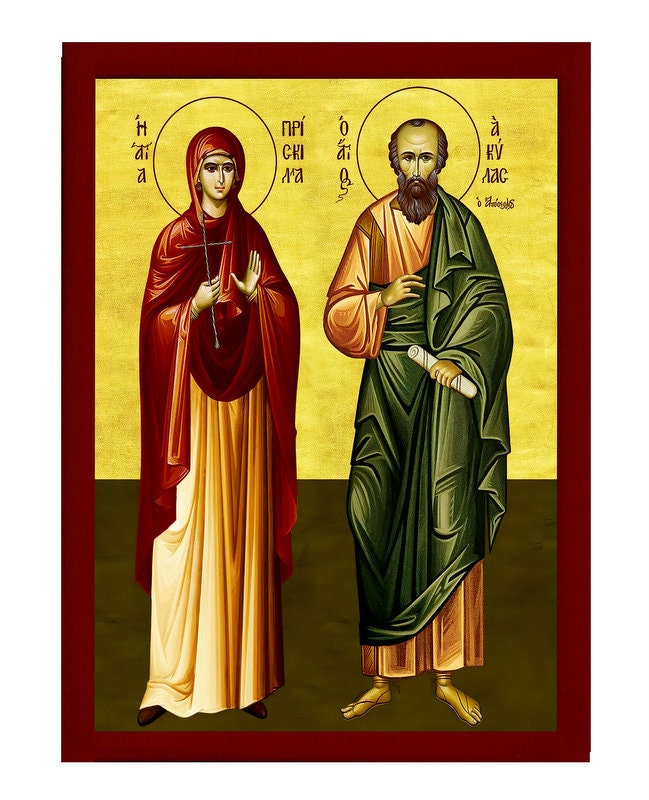 Saints Aquila and Priscilla icon, Handmade Greek Catholic Orthodox icon, Byzantine art wall hanging wood plaque, religious decor gift idea