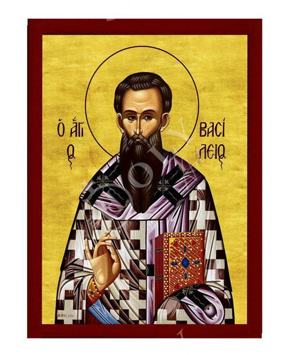 Saint Basil icon, Handmade Greek Orthodox icon of Basil the Great, Byzantine art wall hanging of St Basil of Caesarea on wood plaque - TheHolyArt