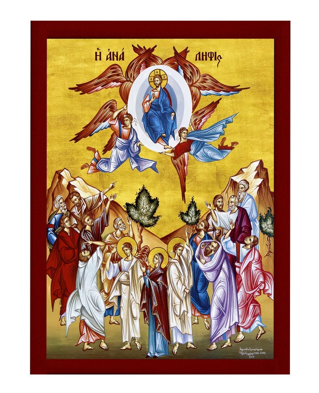 The Ascension of Jesus Christ icon, Handmade Greek Orthodox icon of Analipsi, Byzantine art wall hanging of our Lord rising to Heaven plaque