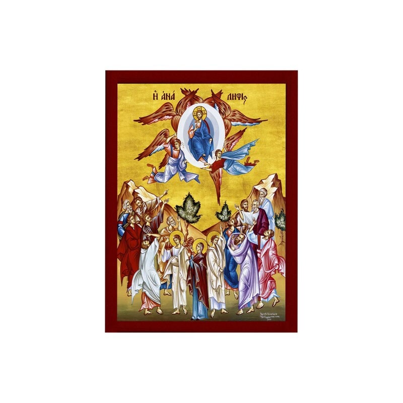 The Ascension of Jesus Christ icon, Handmade Greek Orthodox icon of Analipsi, Byzantine art wall hanging of our Lord rising to Heaven plaque