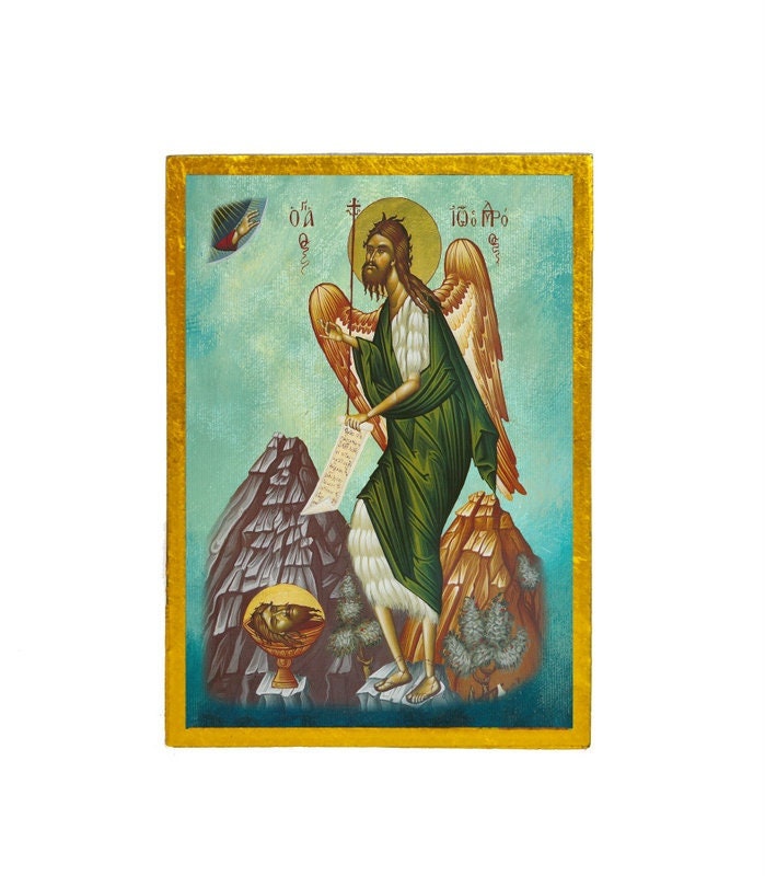 Saint John icon, Handmade Greek Orthodox icon of St John Baptist, Byzantine art wall hanging of the Forerunner wood plaque, religious decor